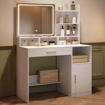 Hzuaneri Make-uptafel met spiegel en ledlicht, met 3 planken, Verzenden, Nieuw