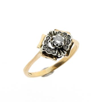 Vintage bicolor ring met zirconia en diamant 0,14 ct., Handtassen en Accessoires, Ringen, 18 tot 19, Gebruikt, Overige kleuren