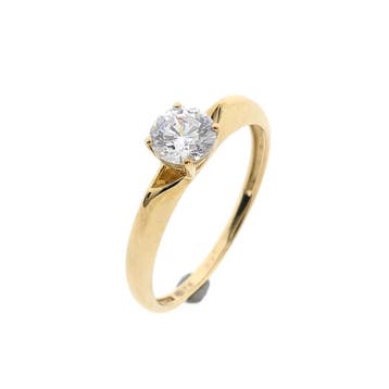 Gouden solitair ring met zirconia, Handtassen en Accessoires, Ringen, 18 tot 19, Gebruikt, Ophalen of Verzenden, Met edelsteen