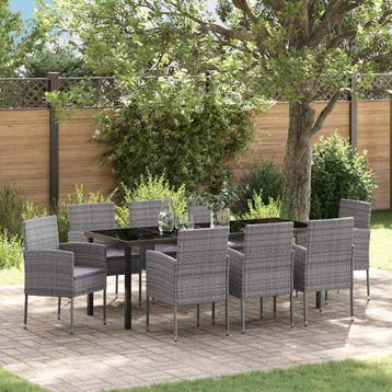 vidaXL Tuin Eettafel Set met kussen 9 pcs Grijs poly rattan, Verzenden, Nieuw
