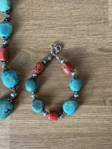 Turquoise - Zilver - 2-delige sieradenset - Bali granuleerd