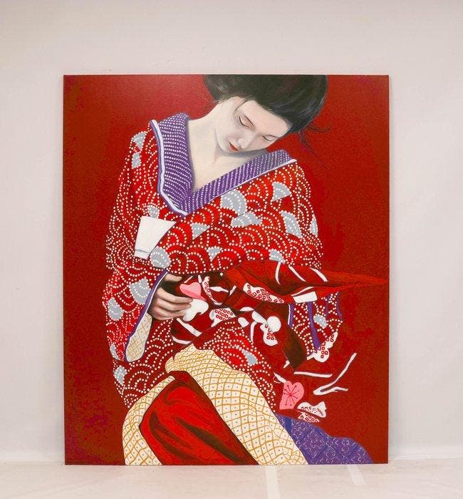 Louis Nagelkerke (1949) - Lady in red kimono, Antiek en Kunst, Kunst | Schilderijen | Modern