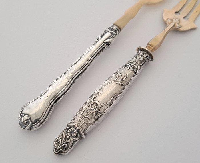 Lepel (2) - Jugendstil serveer vorkje + lepel met zilveren, Antiek en Kunst, Antiek | Zilver en Goud