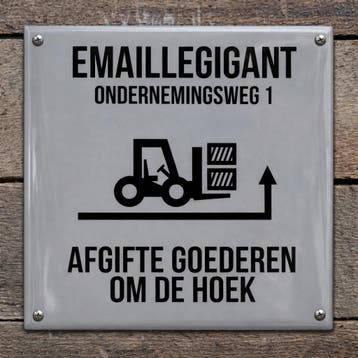 Emaille bord afgifte goederen om de hoek, Verzamelen, Verzenden, Nieuw
