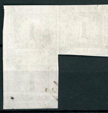 Baden 1853 - Zeldzamer Brückenblock van 1 Kr. zwart op wit, Gestempeld