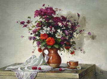 Xu Yanchun - Bodegón floral con cerezas