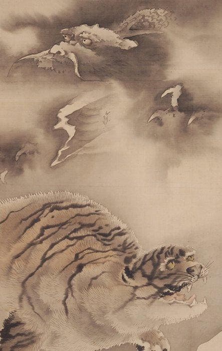 Zeer fraai schilderij van draak en tijger, gesigneerd —, Antiquités & Art, Antiquités | Autres Antiquités