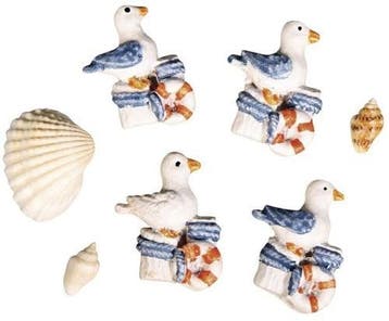 Meeuwen en schelpen polyresin maritiem 0,8-2,7 cm set 4, Nieuw