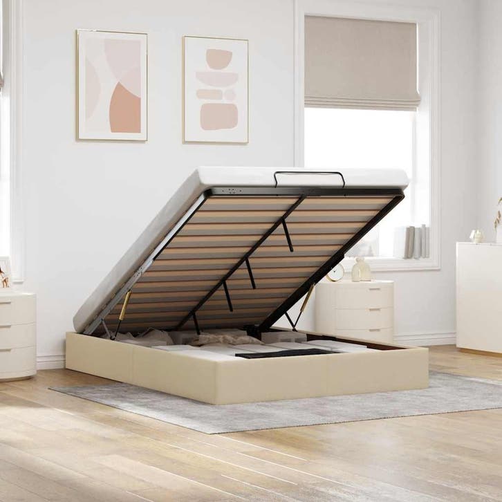 vidaXL Bedframe zonder matras 140x190 cm stof crèmekleurig, Huis en Inrichting, Slaapkamer | Bedden, Nieuw, Verzenden