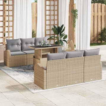vidaXL Tuinbank Set 7 st Beige Poly Riet, Verzenden