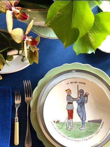 Tafellaken voor grote tafels, met een elegante blauwe kleur, Antiek en Kunst