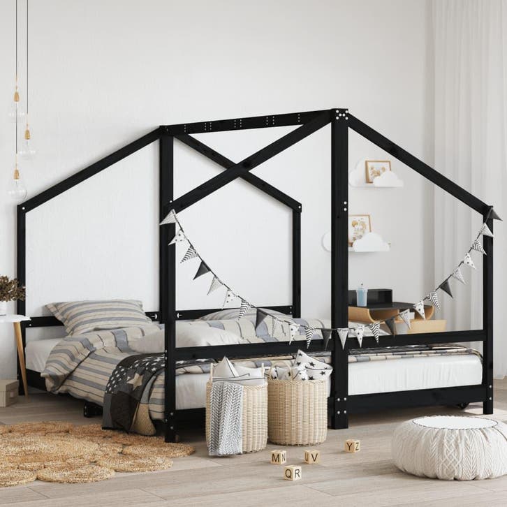 vidaXL Kinderbedframe 2x(90x190) cm massief grenenhout zwart, Kinderen en Baby's, Kinderkamer | Bedden, Nieuw, Verzenden