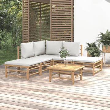 vidaXL 6-delige Loungeset met kussens bamboe lichtgrijs, Verzenden, Nieuw