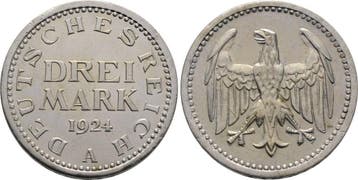 Drei Mark 1924 A KursMunt Weimarer Republik, Verzenden, België