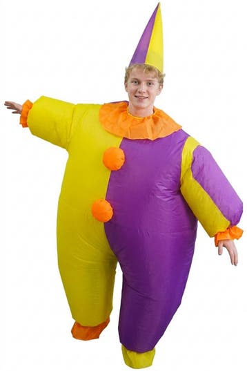 KIMU® Opblaas Kostuum Clown Geel Paars Opblaasbaar Pak Clown, Ophalen of Verzenden, Nieuw