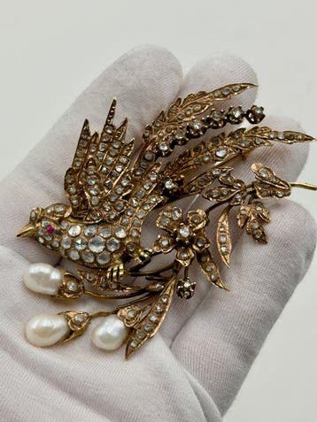 Broche - 12 kt. Geel goud Parel - Diamant