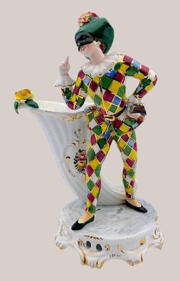 T.S: Italy - Figuur - 2x Vasi Cornucopia con Arlecchino e