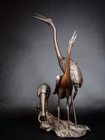 Brons - Hideyama  Takaoka Copperware - Drie kraanvogels, Antiek en Kunst