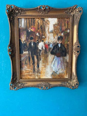 Hollandse school (XX) - Stadsgezicht met figuren, Antiek en Kunst