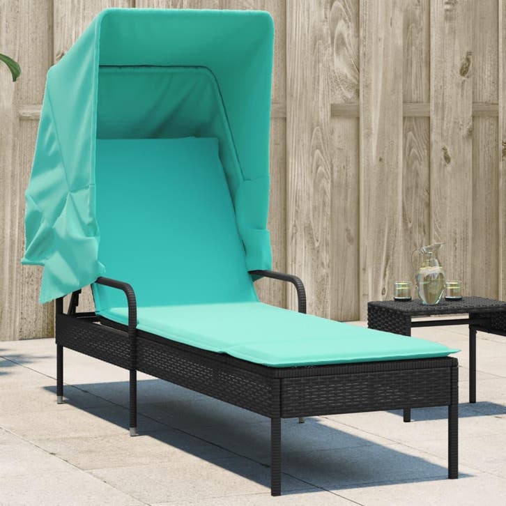 vidaXL Ligstoel met luifel zwart poly rattan, Tuin en Terras, Ligbedden, Nieuw, Verzenden