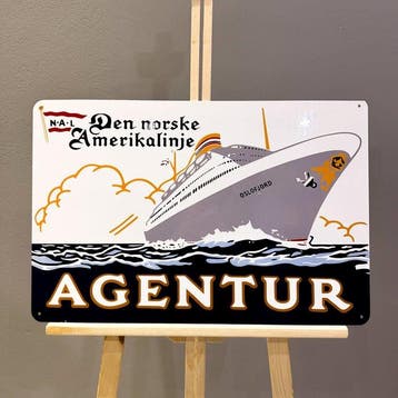 Den Norske Amerikalinje Agentuur Vintage Sign – 60x40 cm –, Antiek en Kunst