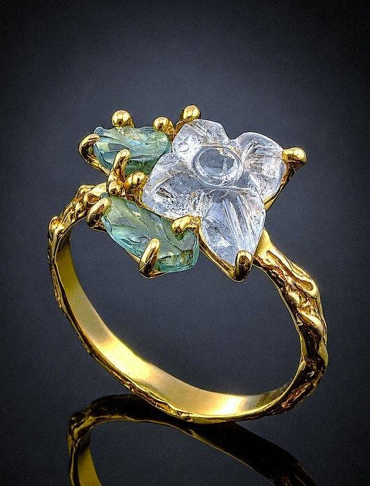 Aquamarijn - Zilver - Ring - Botanisch Ontwerp, Verzamelen, Mineralen en Fossielen