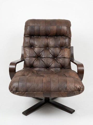 Fauteuil - Leder, Hout, Metaal - Draaibare leren fauteuil