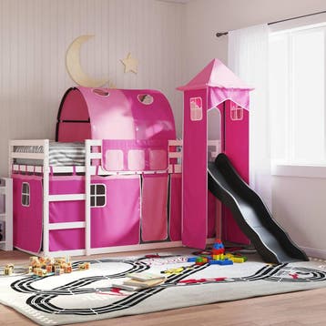 vidaXL Stapelbed met glijbaan en gordijnen roze 90x200 cm, Verzenden, Nieuw