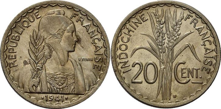 20 Centimes 1941, Franzoesisch Indochina, Timbres & Monnaies, Monnaies | Amérique, Envoi