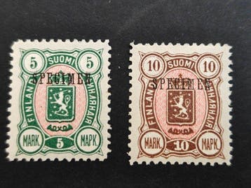 Finland 1889 - Wapen 5 en 10 mk en twee SPECIMEN - LAPE, Gestempeld