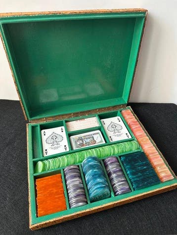Jeu de poker - Set da Gioco Vintage in Radica con Fiches in