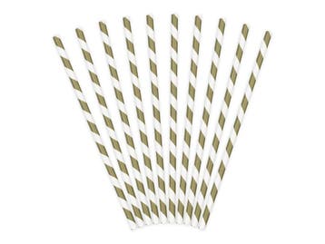 Papieren Rietjes Goud Wit 19,5cm 10st, Verzenden, Nieuw