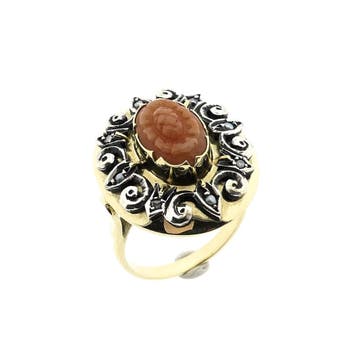 Goud met zilveren ring met bloedkoraal, parelmoer en diam..., Ophalen of Verzenden