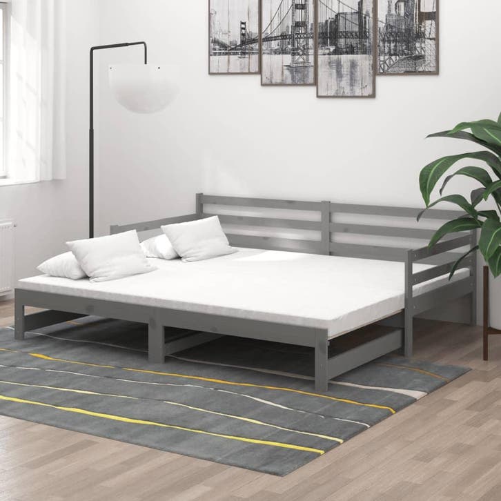 vidaXL Slaapbank uitschuifbaar massief grenenhout grijs, Huis en Inrichting, Slaapkamer | Bedden, Nieuw, Verzenden