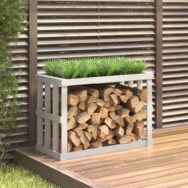 vidaXL Houtblokhouder 108x52x74 cm massief grenenhout wit, Jardin & Terrasse, Bois de chauffage, Envoi