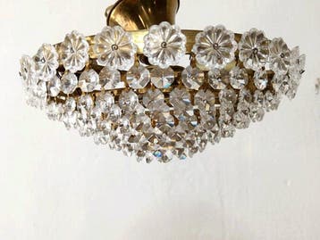Lamp - Vintage plafondlamp van kristal en messing –