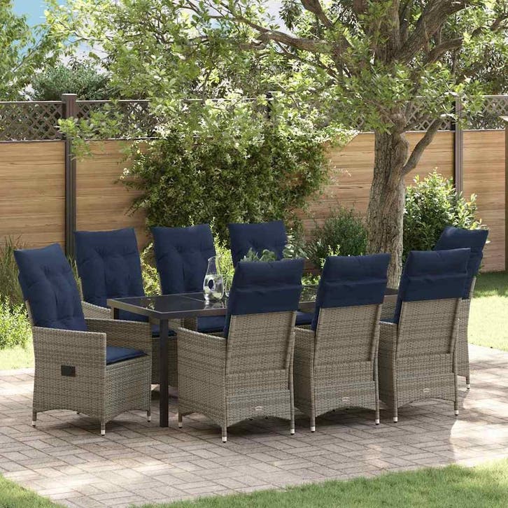 vidaXL Tafel en stoelen set 9 st Grijs PE Riet, Jardin & Terrasse, Ensembles de jardin, Envoi