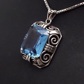 Zilver, Grote Art Deco, Blauwe Spinel(Getest) - Ketting met