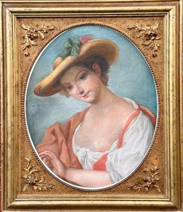 Antoine Pesne (1683-1757), Suiveur de - Lady In A Straw Hat