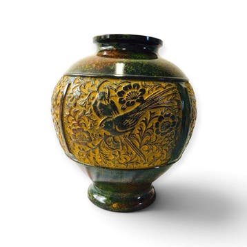Yoshihide Takaoka gegoten bronzen vaas met vogel-en-bloem, Antiek en Kunst