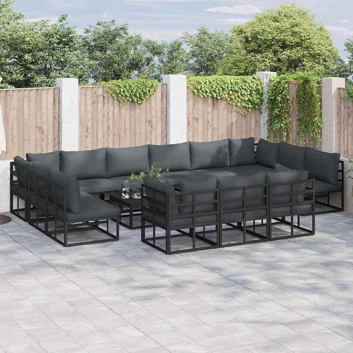 vidaXL Tuinbank Set met kussen 14 pcs Zwart Aluminium, Tuin en Terras, Tuinsets en Loungesets, Nieuw, Verzenden