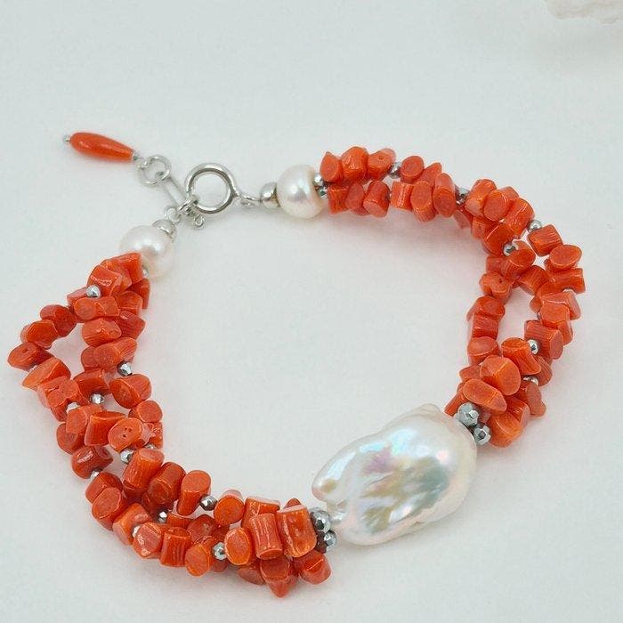 Bloedkoraal - Zilver - Armband - CORALLO MEDITERRANEO, Antiek en Kunst, Curiosa en Brocante