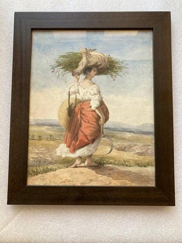 Scuola francese (XIX), Monogramme PB - Paysanne revenant des, Antiek en Kunst