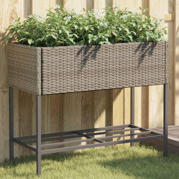 vidaXL Plantenbak met schap poly rattan grijs, Verzenden, Nieuw