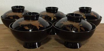 Set of 5 Vintage Japanese Lacquerware Bowls with Lids -