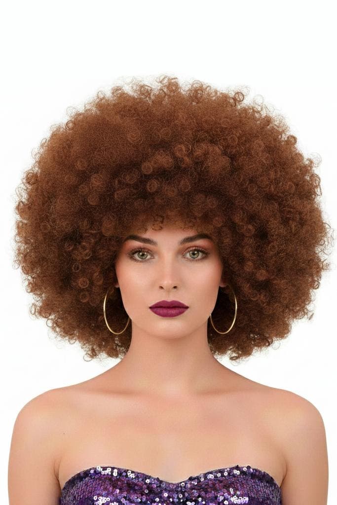 Pruik Afro Bruin Disco met Gratis 2x Haarnetje Afrokapsel Se, Kleding | Dames, Carnavalskleding en Feestkleding, Nieuw, Ophalen of Verzenden