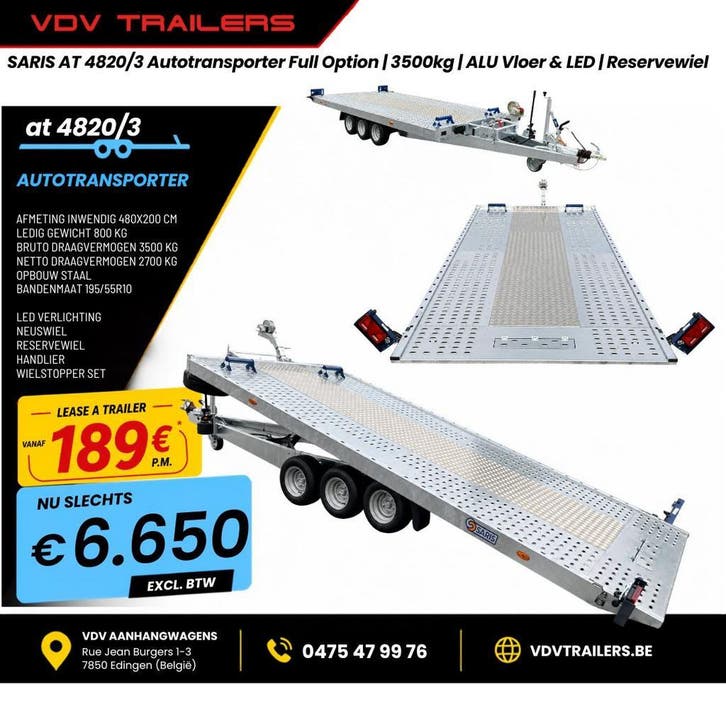 SARIS 4820/3 Autotransporter 3500kg Hydraulisch kantelbaar, Autos : Divers, Remorques, Enlèvement