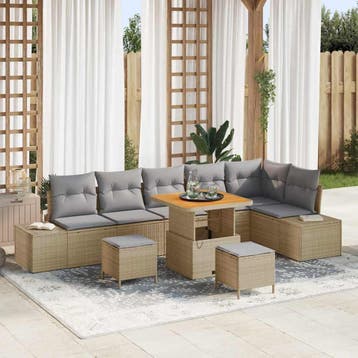 vidaXL Tuinbank Set met kussen 9 pcs Beige poly rattan, Verzenden