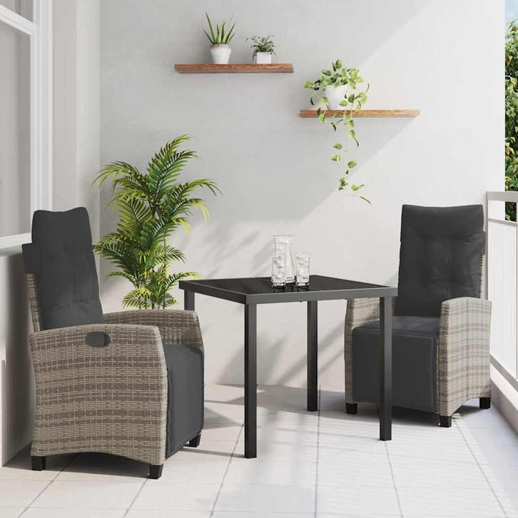vidaXL Tuin Eettafel Set met kussen 3 pcs Grijs poly rattan, Tuin en Terras, Tuinsets en Loungesets, Nieuw, Verzenden