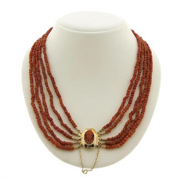 Antiek bloedkoraal kralen collier met gouden slot (Ketting), Gebruikt, Ophalen of Verzenden, Met edelsteen, Goud